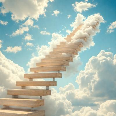 The primary subject of the image is a wooden staircase that appears to be floating in the air. The staircase is made up of several steps, and it is situated in a cloudy blue sky. The setting/background features a vast, open sky with clouds, creating a serene and dreamy atmosphere. The visual style of the image is a combination of photo and digital art, giving it a unique and artistic appearance. The colors and mood of the image are predominantly blue and cloudy, with a sense of